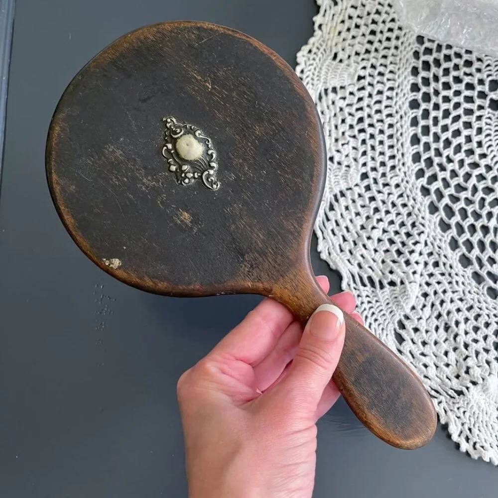 Vintage Wooden and Silver Vanity Hand Mirror Rustic Victorian Decor